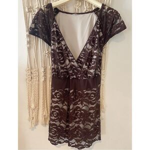 Y2K Brown Floral Lace Babydoll Top Size L Whimsigoth Fairy Y2K Deep V Tunic